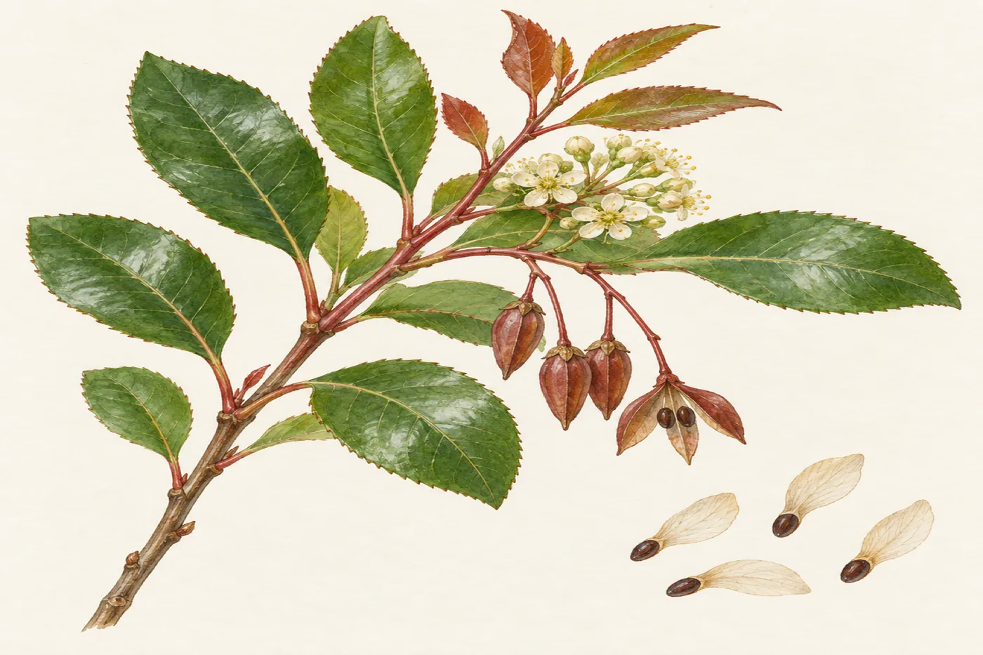 Botanical study of a khat branch with leaves, flowers, capsules and winged seeds