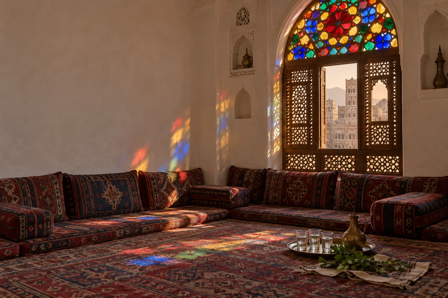 A mafraj, the upper sitting room of a Sana'a tower house, in late afternoon light from a coloured qamariya window